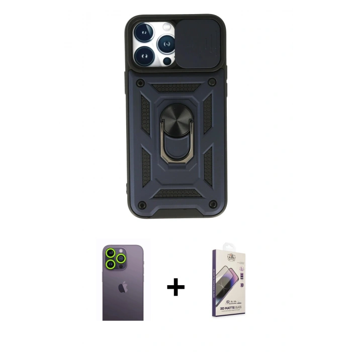 MARSİLYAN™- iPhone 13 Pro Max Kılıf Ahenk Klasik - Siyah Bilvis 3D Mat Cam Ekran Koruyucu + Neon Fosforlu Kamera Lens - YL