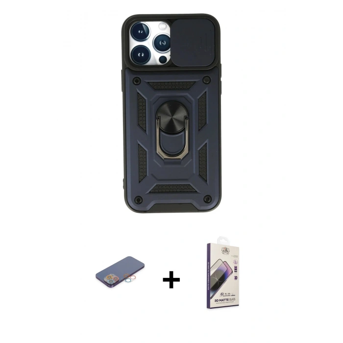 MARSİLYAN™- iPhone 13 Pro Max Kılıf Ahenk Klasik - Siyah Bilvis 3D Mat Cam Ekran Koruyucu + Renkli Kamera Lens Koruma Cam - PE