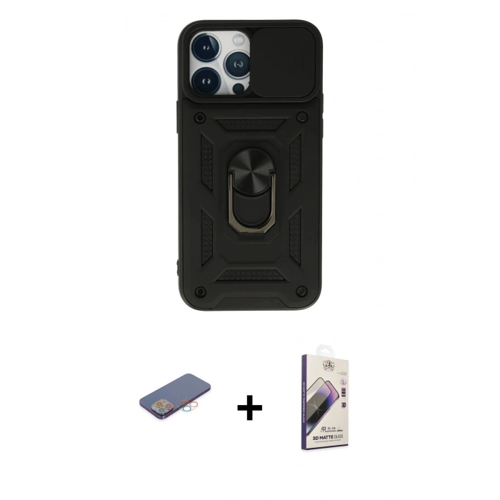 MARSİLYAN™- iPhone 13 Pro Max Kılıf Ahenk Klasik - Siyah Bilvis 3D Mat Cam Ekran Koruyucu + Renkli Kamera Lens Koruma Cam - PE