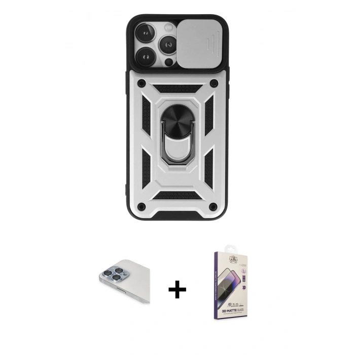 MARSİLYAN™- iPhone 13 Pro Max Kılıf Ahenk Klasik - Siyah Bilvis 3D Mat Cam Ekran Koruyucu + Pers Alüminyum Kamera Lens - SABE