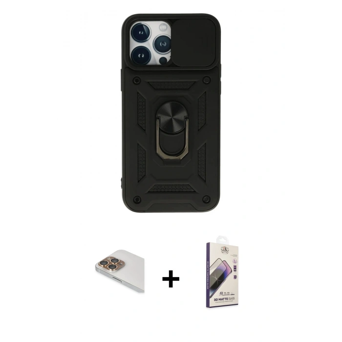 MARSİLYAN™- iPhone 13 Pro Max Kılıf Ahenk Klasik - Siyah Bilvis 3D Mat Cam Ekran Koruyucu + Pers Alüminyum Kamera Lens - GD