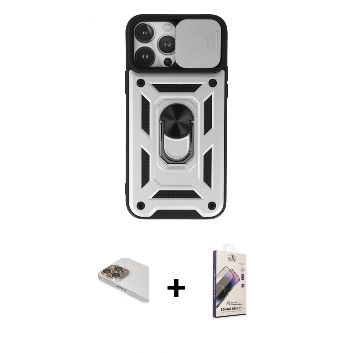MARSİLYAN™- iPhone 13 Pro Max Kılıf Ahenk Klasik - Siyah Bilvis 3D Mat Cam Ekran Koruyucu + Pers Alüminyum Kamera Lens - GD