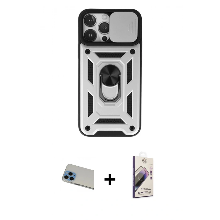 MARSİLYAN™- iPhone 13 Pro Max Kılıf Ahenk Klasik - Siyah Bilvis 3D Mat Cam Ekran Koruyucu + Rainbow Kamera Lens Koruma Cam - MI