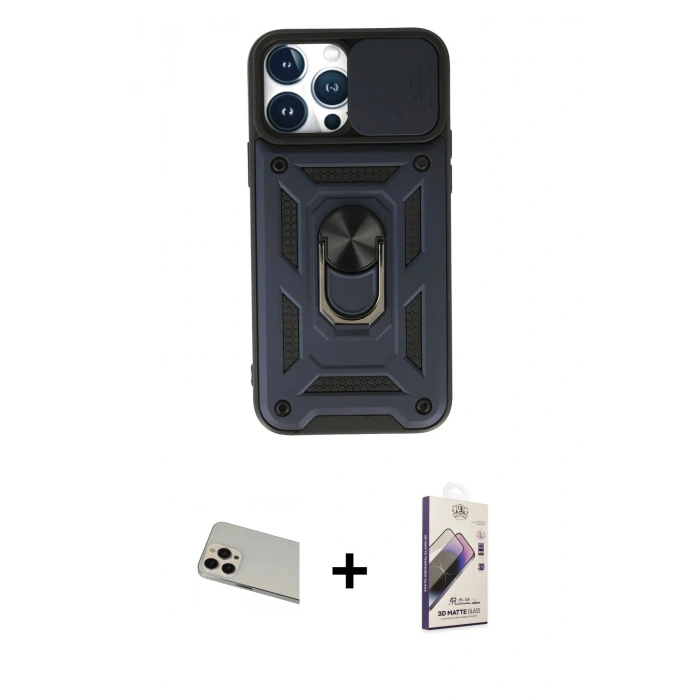 MARSİLYAN™- iPhone 13 Pro Max Kılıf Ahenk Klasik - Siyah Bilvis 3D Mat Cam Ekran Koruyucu + Rainbow Kamera Lens Koruma Cam - REGD