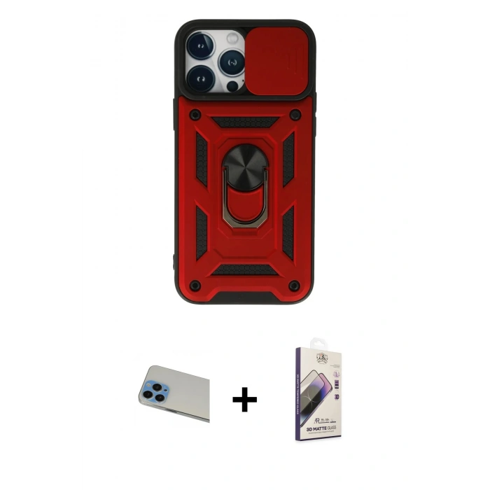 MARSİLYAN™- iPhone 13 Pro Max Kılıf Ahenk Klasik - Siyah Bilvis 3D Mat Cam Ekran Koruyucu + Rainbow Kamera Lens Koruma Cam - MI