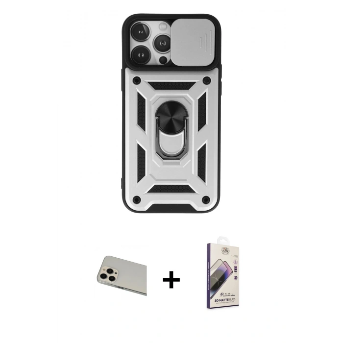 MARSİLYAN™- iPhone 13 Pro Max Kılıf Ahenk Klasik - Siyah Bilvis 3D Mat Cam Ekran Koruyucu + Rainbow Kamera Lens Koruma Cam - REGD