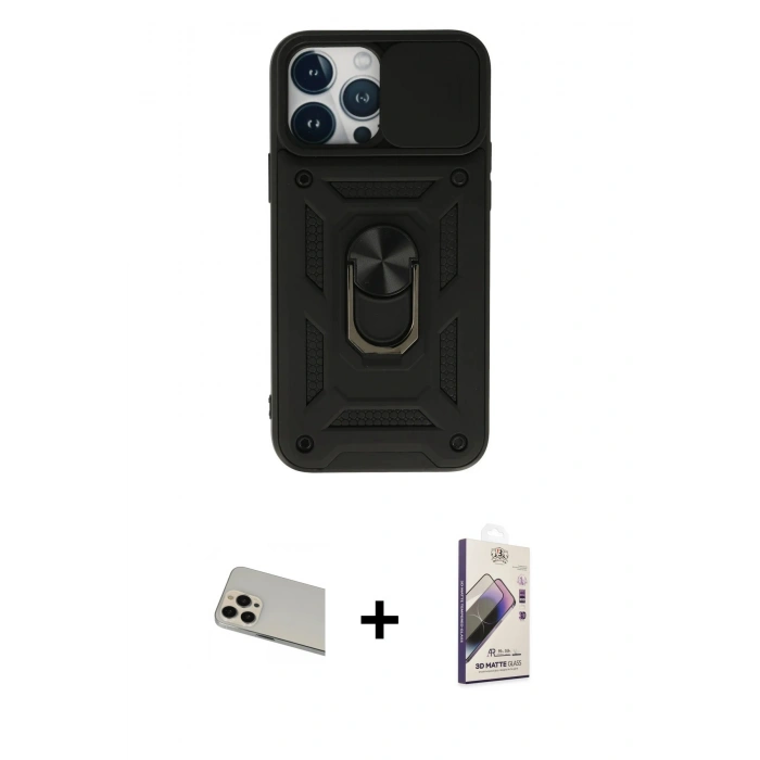 MARSİLYAN™- iPhone 13 Pro Max Kılıf Ahenk Klasik - Siyah Bilvis 3D Mat Cam Ekran Koruyucu + Rainbow Kamera Lens Koruma Cam - REGD