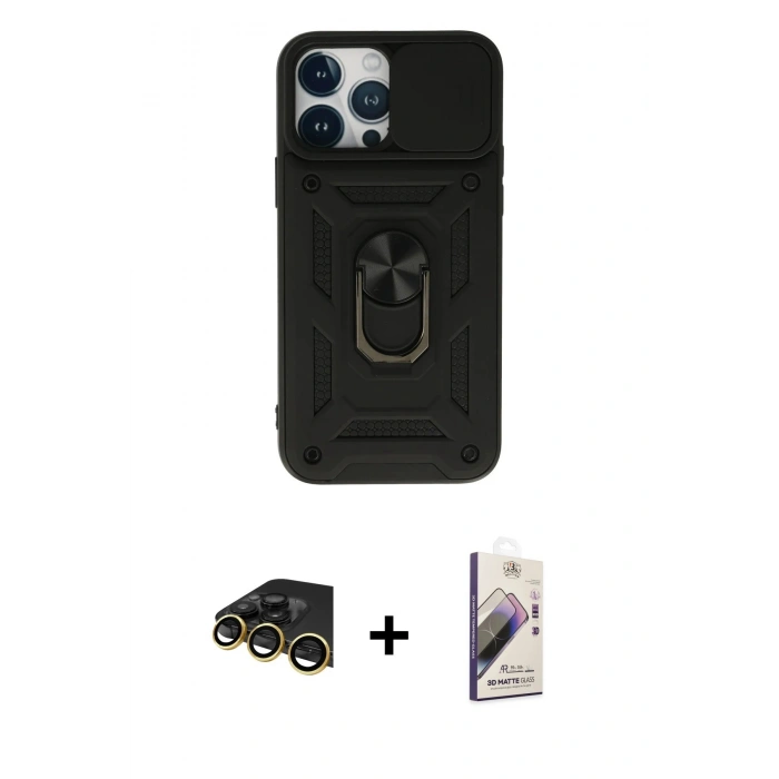 MARSİLYAN™- iPhone 13 Pro Max Kılıf Ahenk Klasik - Siyah Bilvis 3D Mat Cam Ekran Koruyucu + Raze Metal Kamera Lens - GD