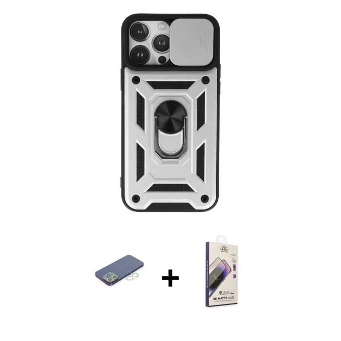 MARSİLYAN™- iPhone 13 Pro Max Kılıf Ahenk Klasik - Siyah Bilvis 3D Mat Cam Ekran Koruyucu + Renkli Kamera Lens Koruma Cam - YL