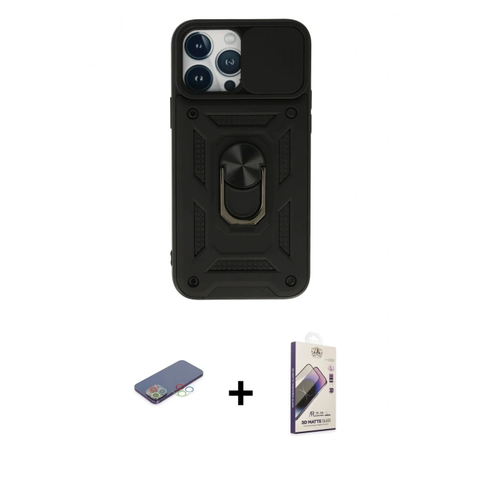 MARSİLYAN™- iPhone 13 Pro Max Kılıf Ahenk Klasik - Siyah Bilvis 3D Mat Cam Ekran Koruyucu + Renkli Kamera Lens Koruma Cam - MI