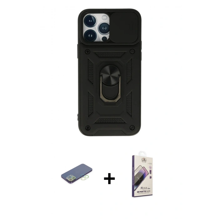 MARSİLYAN™- iPhone 13 Pro Max Kılıf Ahenk Klasik - Siyah Bilvis 3D Mat Cam Ekran Koruyucu + Renkli Kamera Lens Koruma Cam - YL
