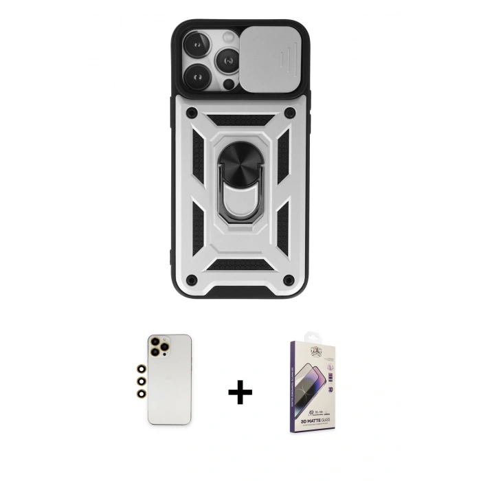 MARSİLYAN™- iPhone 13 Pro Max Kılıf Ahenk Klasik - Siyah Bilvis 3D Mat Cam Ekran Koruyucu + Shine Kamera Lens - GD