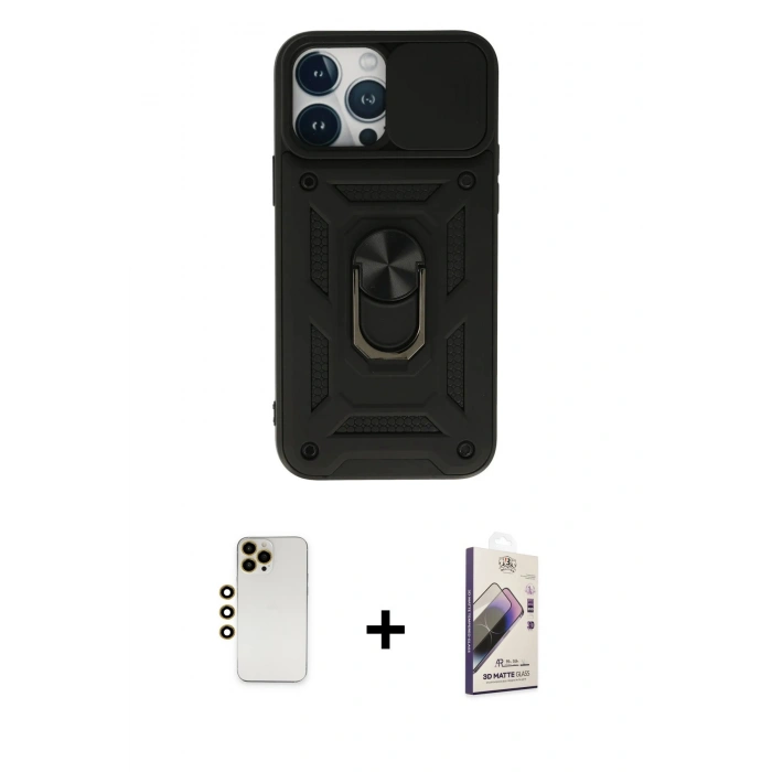 MARSİLYAN™- iPhone 13 Pro Max Kılıf Ahenk Klasik - Siyah Bilvis 3D Mat Cam Ekran Koruyucu + Shine Kamera Lens - GD