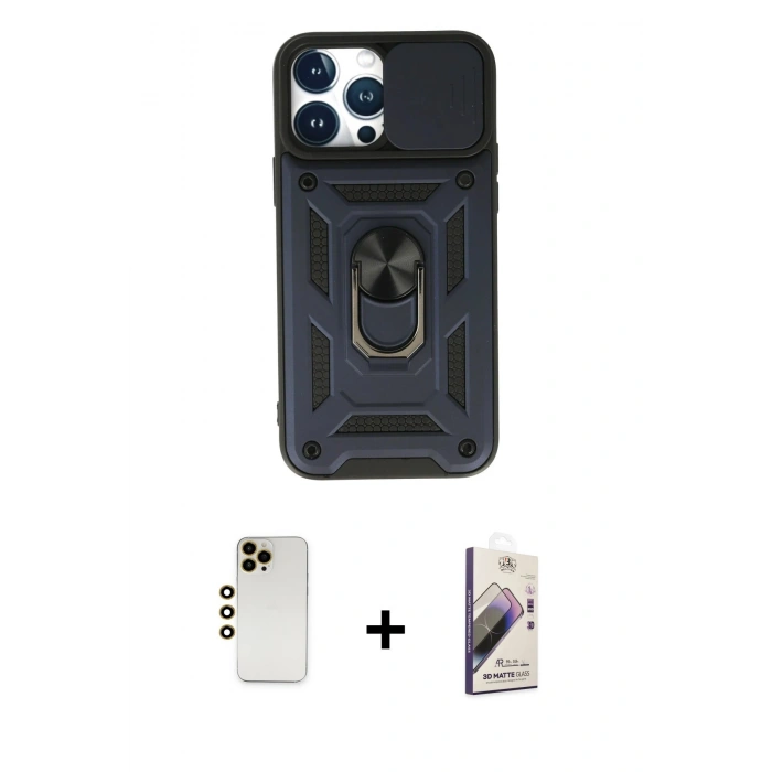 MARSİLYAN™- iPhone 13 Pro Max Kılıf Ahenk Klasik - Siyah Bilvis 3D Mat Cam Ekran Koruyucu + Shine Kamera Lens - GD