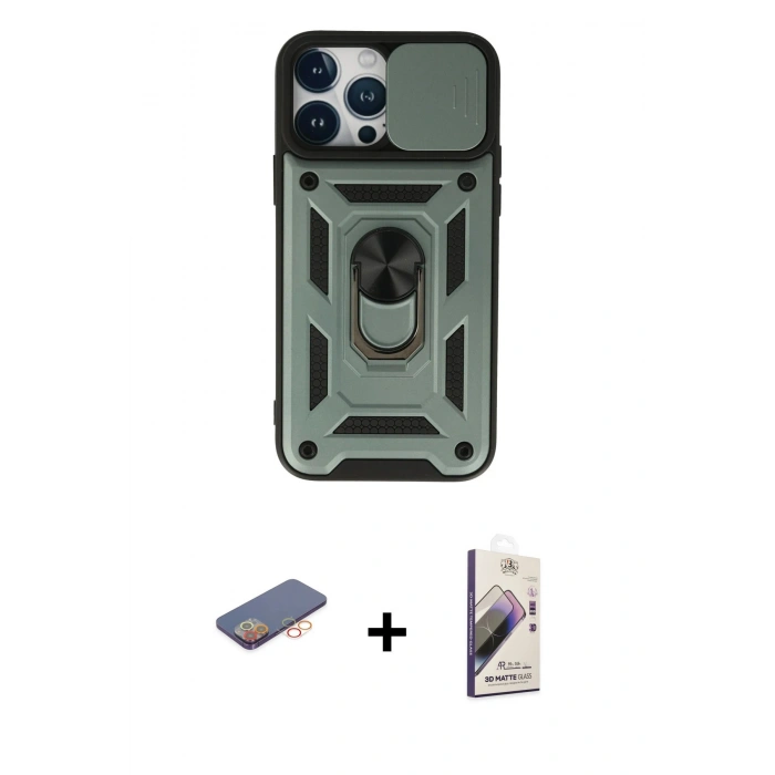 MARSİLYAN™- iPhone 13 Pro Max Kılıf Ahenk Klasik - Siyah Bilvis 3D Mat Cam Ekran Koruyucu + Renkli Kamera Lens Koruma Cam - TU