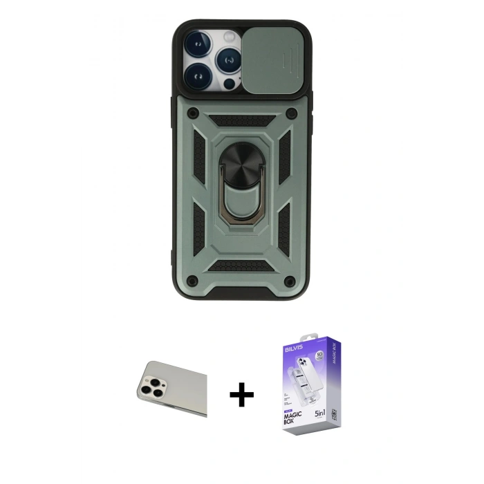 MARSİLYAN™- iPhone 13 Pro Max Kılıf Ahenk Klasik - Siyah Bilvis 5in1 3D Magic Cam Ekran Koruyucu + Rainbow Kamera Lens Koruma Cam - BZ