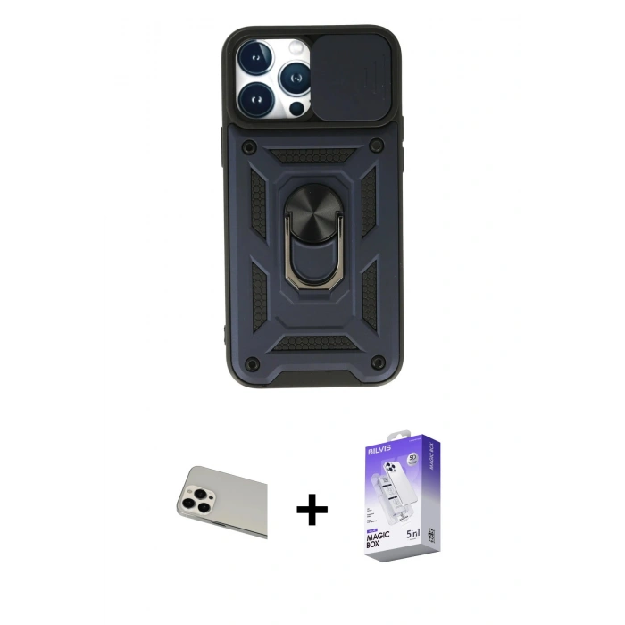 MARSİLYAN™- iPhone 13 Pro Max Kılıf Ahenk Klasik - Siyah Bilvis 5in1 3D Magic Cam Ekran Koruyucu + Rainbow Kamera Lens Koruma Cam - BZ