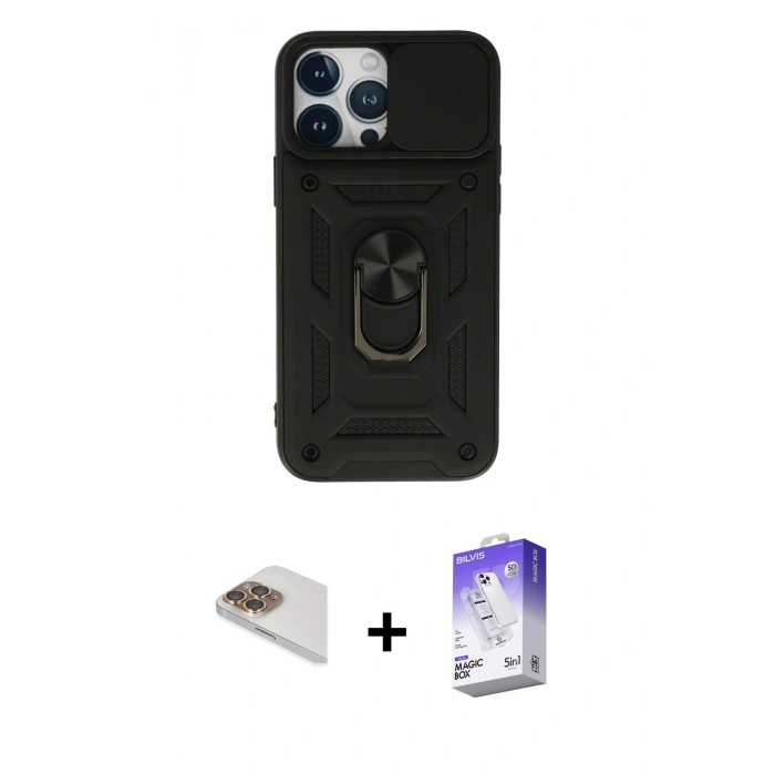 MARSİLYAN™- iPhone 13 Pro Max Kılıf Ahenk Klasik - Siyah Bilvis 5in1 3D Magic Cam Ekran Koruyucu + Pers Alüminyum Kamera Lens - GD