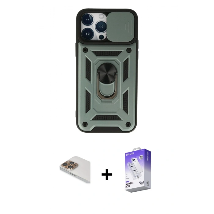 MARSİLYAN™- iPhone 13 Pro Max Kılıf Ahenk Klasik - Siyah Bilvis 5in1 3D Magic Cam Ekran Koruyucu + Pers Alüminyum Kamera Lens - GD