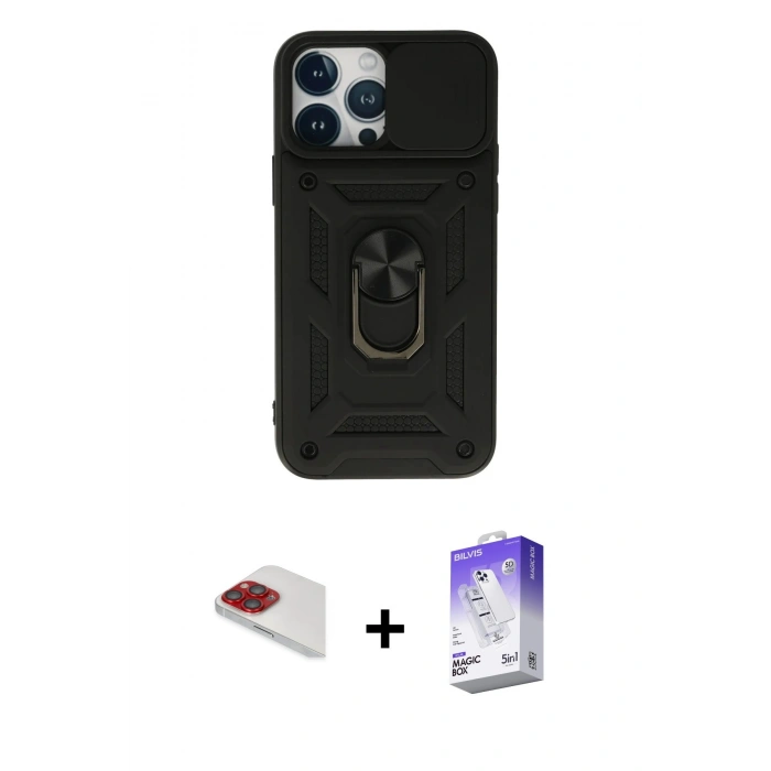 MARSİLYAN™- iPhone 13 Pro Max Kılıf Ahenk Klasik - Siyah Bilvis 5in1 3D Magic Cam Ekran Koruyucu + Pers Alüminyum Kamera Lens - KI