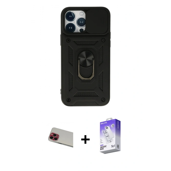 MARSİLYAN™- iPhone 13 Pro Max Kılıf Ahenk Klasik - Siyah Bilvis 5in1 3D Magic Cam Ekran Koruyucu + Rainbow Kamera Lens Koruma Cam - KI