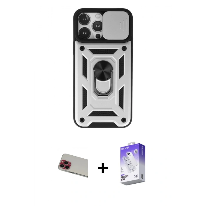 MARSİLYAN™- iPhone 13 Pro Max Kılıf Ahenk Klasik - Siyah Bilvis 5in1 3D Magic Cam Ekran Koruyucu + Rainbow Kamera Lens Koruma Cam - KI