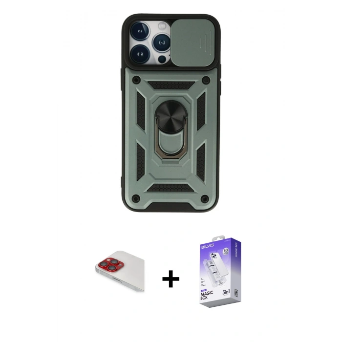 MARSİLYAN™- iPhone 13 Pro Max Kılıf Ahenk Klasik - Siyah Bilvis 5in1 3D Magic Cam Ekran Koruyucu + Pers Alüminyum Kamera Lens - KI