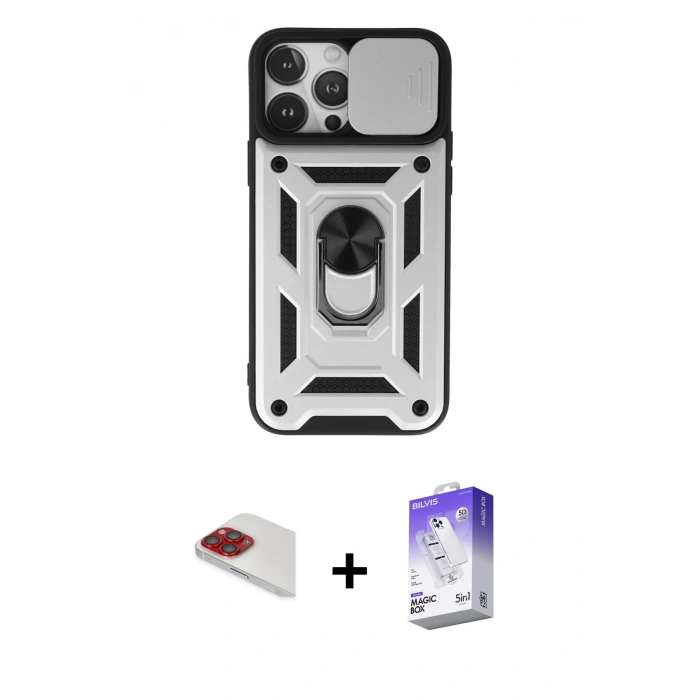 MARSİLYAN™- iPhone 13 Pro Max Kılıf Ahenk Klasik - Siyah Bilvis 5in1 3D Magic Cam Ekran Koruyucu + Pers Alüminyum Kamera Lens - KI