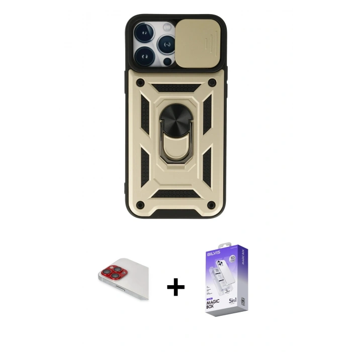 MARSİLYAN™- iPhone 13 Pro Max Kılıf Ahenk Klasik - Siyah Bilvis 5in1 3D Magic Cam Ekran Koruyucu + Pers Alüminyum Kamera Lens - KI
