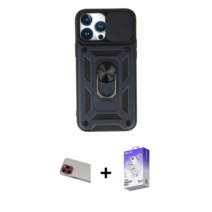 MARSİLYAN™- iPhone 13 Pro Max Kılıf Ahenk Klasik - Siyah Bilvis 5in1 3D Magic Cam Ekran Koruyucu + Rainbow Kamera Lens Koruma Cam - KI