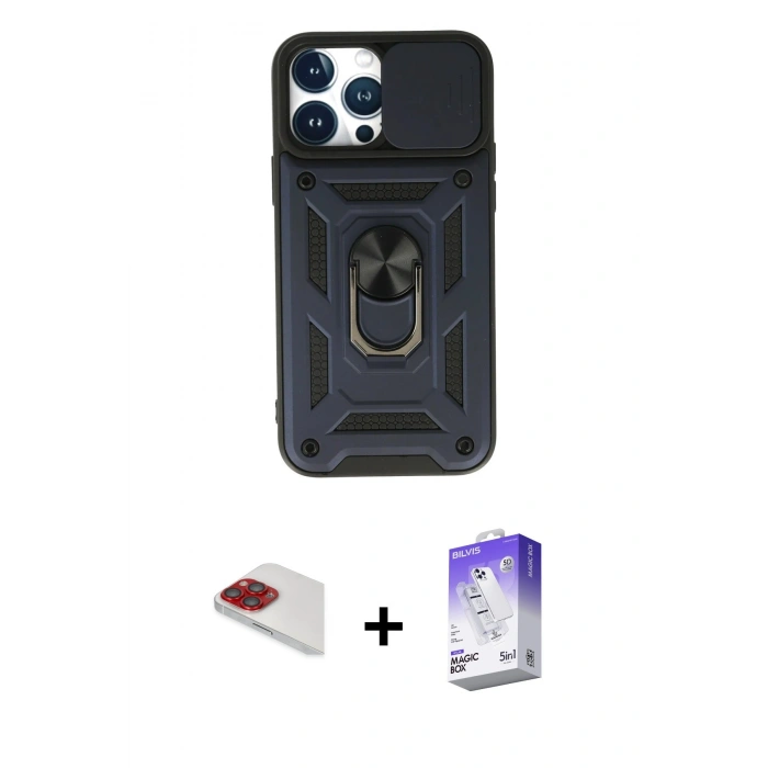 MARSİLYAN™- iPhone 13 Pro Max Kılıf Ahenk Klasik - Siyah Bilvis 5in1 3D Magic Cam Ekran Koruyucu + Pers Alüminyum Kamera Lens - KI