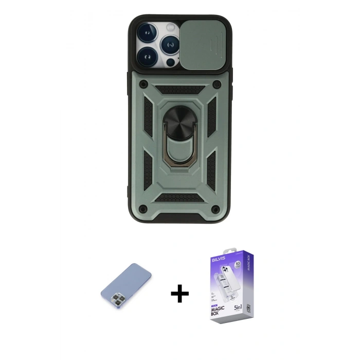 MARSİLYAN™- iPhone 13 Pro Max Kılıf Ahenk Klasik - Siyah Bilvis 5in1 3D Magic Cam Ekran Koruyucu + Koyu Yeşil Metal Kamera Lens Koruma Cam