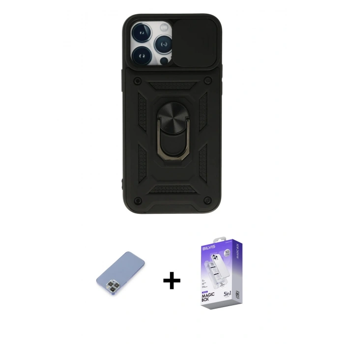 MARSİLYAN™- iPhone 13 Pro Max Kılıf Ahenk Klasik - Siyah Bilvis 5in1 3D Magic Cam Ekran Koruyucu + Koyu Yeşil Metal Kamera Lens Koruma Cam