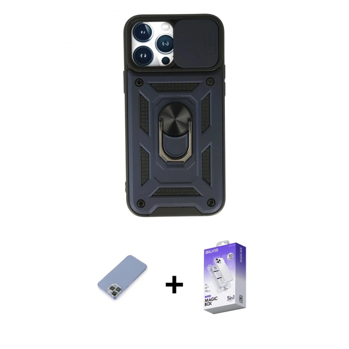 MARSİLYAN™- iPhone 13 Pro Max Kılıf Ahenk Klasik - Siyah Bilvis 5in1 3D Magic Cam Ekran Koruyucu + Koyu Yeşil Metal Kamera Lens Koruma Cam