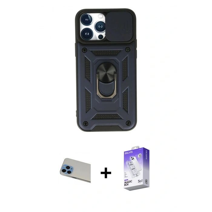 MARSİLYAN™- iPhone 13 Pro Max Kılıf Ahenk Klasik - Siyah Bilvis 5in1 3D Magic Cam Ekran Koruyucu + Mavi Rainbow Kamera Lens Koruma Cam