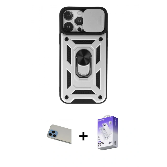 MARSİLYAN™- iPhone 13 Pro Max Kılıf Ahenk Klasik - Siyah Bilvis 5in1 3D Magic Cam Ekran Koruyucu + Mavi Rainbow Kamera Lens Koruma Cam