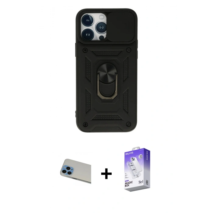 MARSİLYAN™- iPhone 13 Pro Max Kılıf Ahenk Klasik - Siyah Bilvis 5in1 3D Magic Cam Ekran Koruyucu + Mavi Rainbow Kamera Lens Koruma Cam