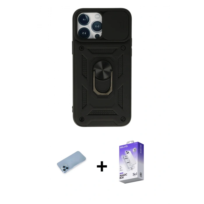 MARSİLYAN™- iPhone 13 Pro Max Kılıf Ahenk Klasik - Siyah Bilvis 5in1 3D Magic Cam Ekran Koruyucu + Shine Kamera Lens Koruma Cam - MI