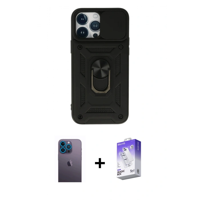 MARSİLYAN™- iPhone 13 Pro Max Kılıf Ahenk Klasik - Siyah Bilvis 5in1 3D Magic Cam Ekran Koruyucu + Neon Fosforlu Kamera Lens - MI