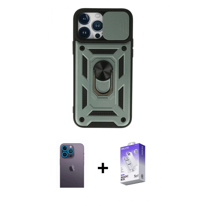 MARSİLYAN™- iPhone 13 Pro Max Kılıf Ahenk Klasik - Siyah Bilvis 5in1 3D Magic Cam Ekran Koruyucu + Neon Fosforlu Kamera Lens - MI