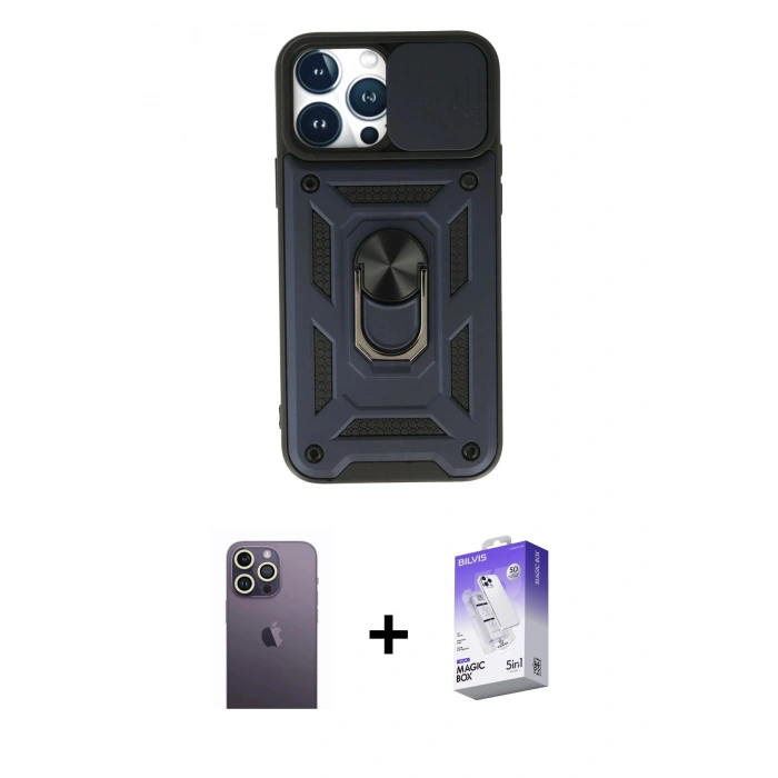 MARSİLYAN™- iPhone 13 Pro Max Kılıf Ahenk Klasik - Siyah Bilvis 5in1 3D Magic Cam Ekran Koruyucu + Neon Fosforlu Kamera Lens - BZ