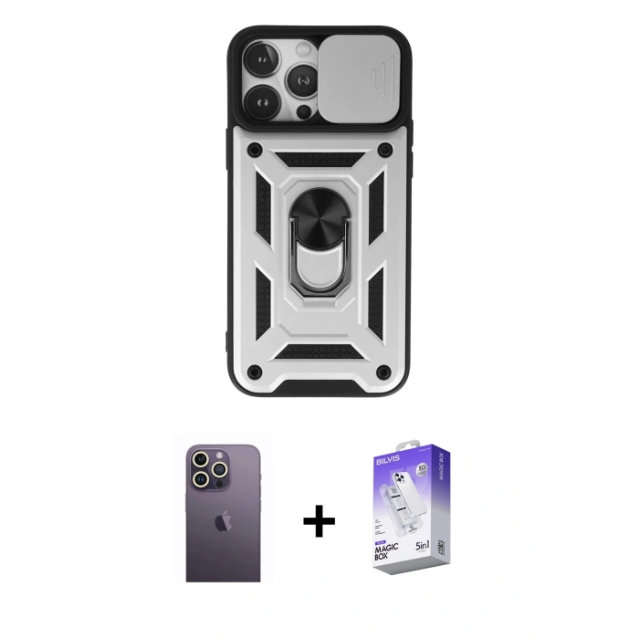 MARSİLYAN™- iPhone 13 Pro Max Kılıf Ahenk Klasik - Siyah Bilvis 5in1 3D Magic Cam Ekran Koruyucu + Neon Fosforlu Kamera Lens - BZ