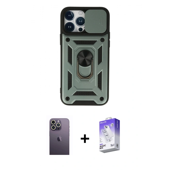 MARSİLYAN™- iPhone 13 Pro Max Kılıf Ahenk Klasik - Siyah Bilvis 5in1 3D Magic Cam Ekran Koruyucu + Neon Fosforlu Kamera Lens - BZ