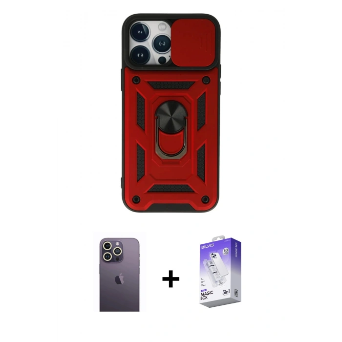 MARSİLYAN™- iPhone 13 Pro Max Kılıf Ahenk Klasik - Siyah Bilvis 5in1 3D Magic Cam Ekran Koruyucu + Neon Fosforlu Kamera Lens - BZ