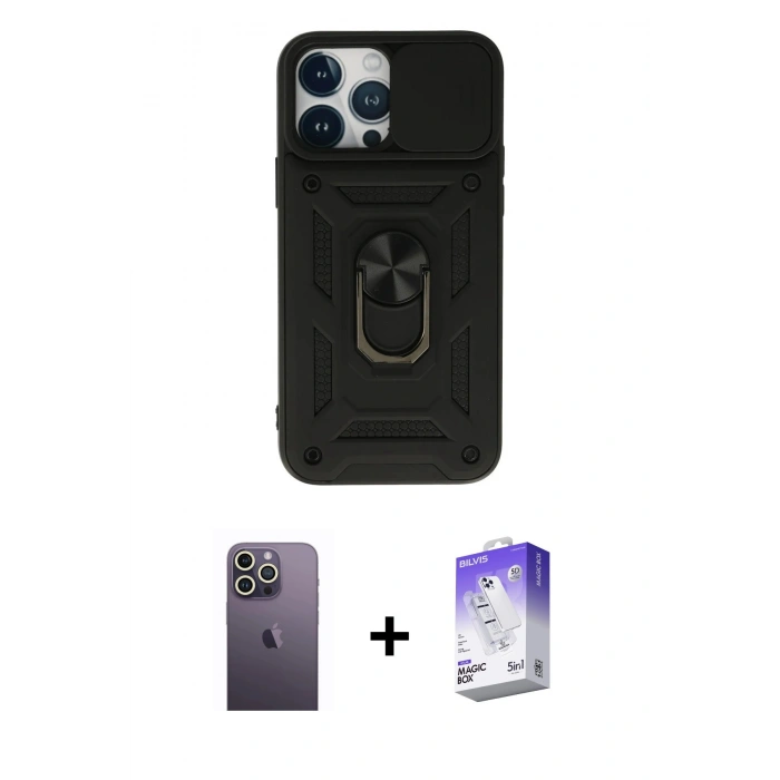 MARSİLYAN™- iPhone 13 Pro Max Kılıf Ahenk Klasik - Siyah Bilvis 5in1 3D Magic Cam Ekran Koruyucu + Neon Fosforlu Kamera Lens - BZ