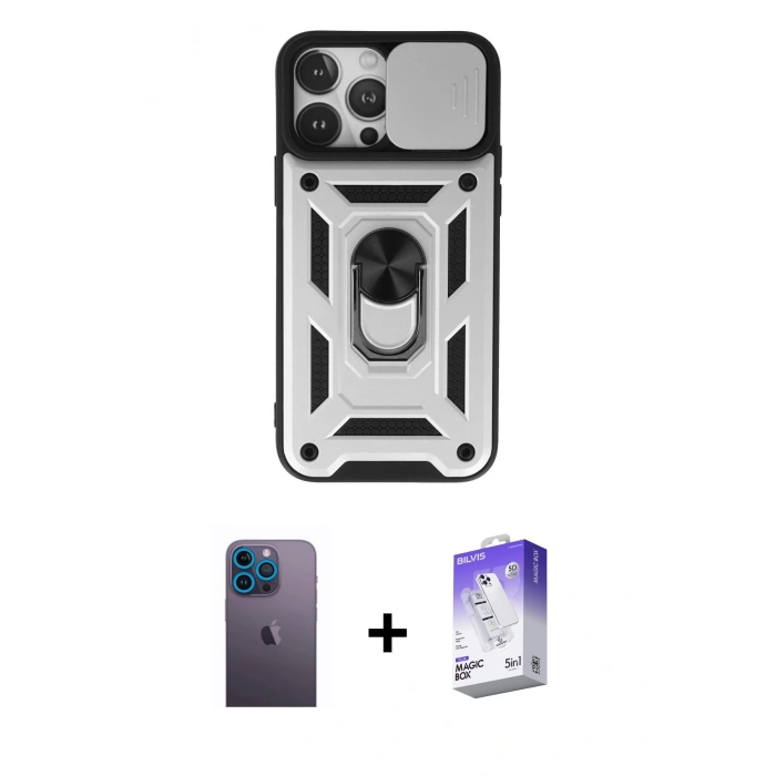 MARSİLYAN™- iPhone 13 Pro Max Kılıf Ahenk Klasik - Siyah Bilvis 5in1 3D Magic Cam Ekran Koruyucu + Neon Fosforlu Kamera Lens - MI