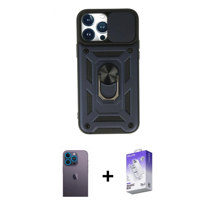 MARSİLYAN™- iPhone 13 Pro Max Kılıf Ahenk Klasik - Siyah Bilvis 5in1 3D Magic Cam Ekran Koruyucu + Neon Fosforlu Kamera Lens - MI