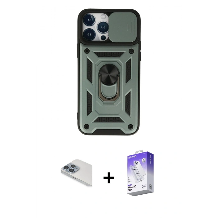 MARSİLYAN™- iPhone 13 Pro Max Kılıf Ahenk Klasik - Siyah Bilvis 5in1 3D Magic Cam Ekran Koruyucu + Pers Alüminyum Kamera Lens - SABE