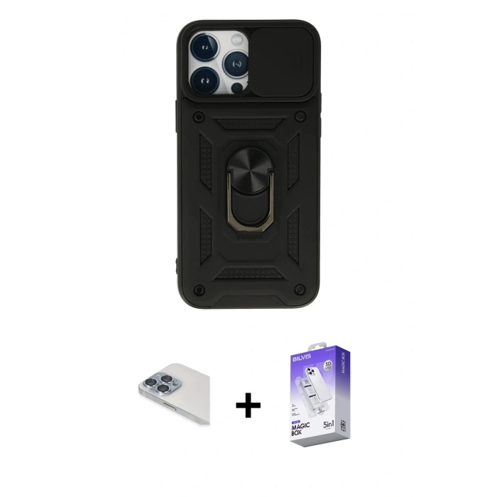MARSİLYAN™- iPhone 13 Pro Max Kılıf Ahenk Klasik - Siyah Bilvis 5in1 3D Magic Cam Ekran Koruyucu + Pers Alüminyum Kamera Lens - SABE