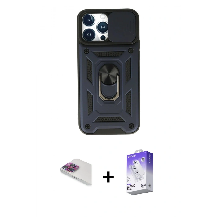 MARSİLYAN™- iPhone 13 Pro Max Kılıf Ahenk Klasik - Siyah Bilvis 5in1 3D Magic Cam Ekran Koruyucu + Pers Alüminyum Kamera Lens - GI